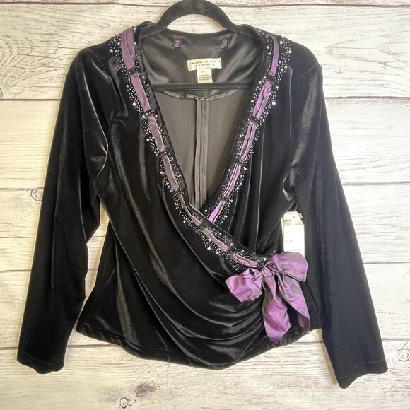 Jackie Jon Tops - Jackie Jon Velvet Blouse Size L Black Wrap Long Sleeve Sequins Whimsical NWT